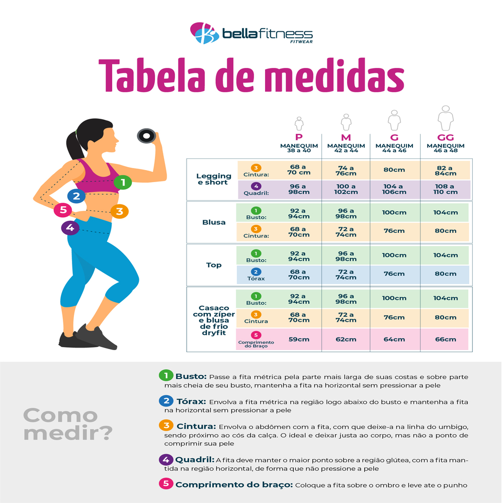 Ilustração do guia de medidas Bella Fitness